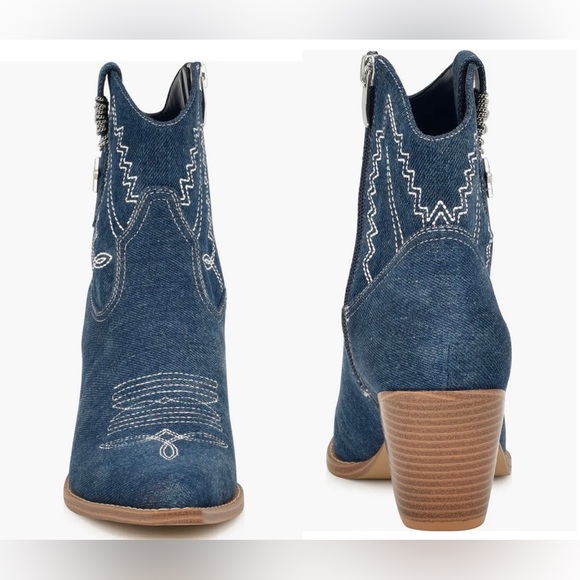 Nine West Nallas Western Booties Heeled ✨ Dark Blue Denim Size 9 | star country - Picture 3 of 15